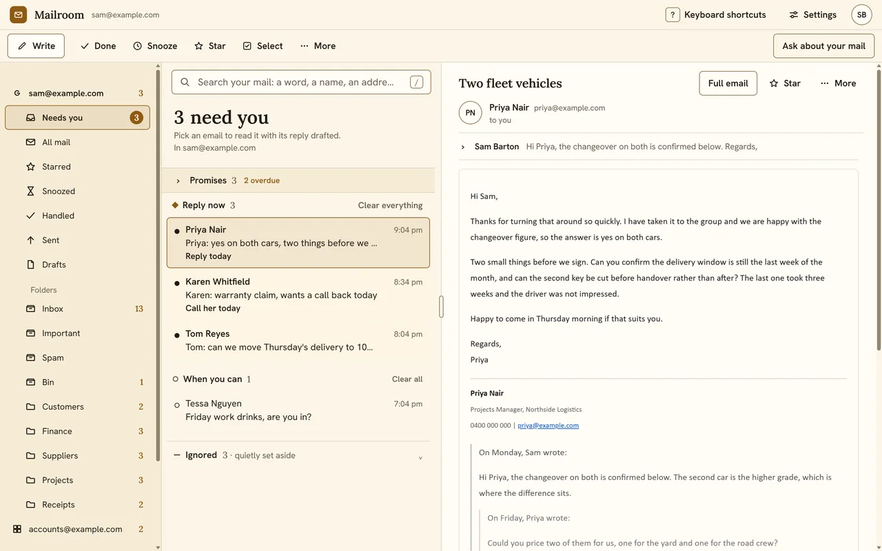 Mailroom inbox and reply workspace with demonstration content